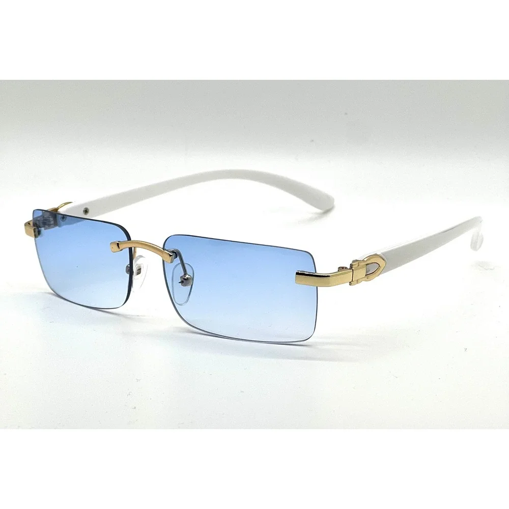 Mens Rimless Rectangle Sunglasses Blue‎ Gradient Lens Gold White C-Decor Frame